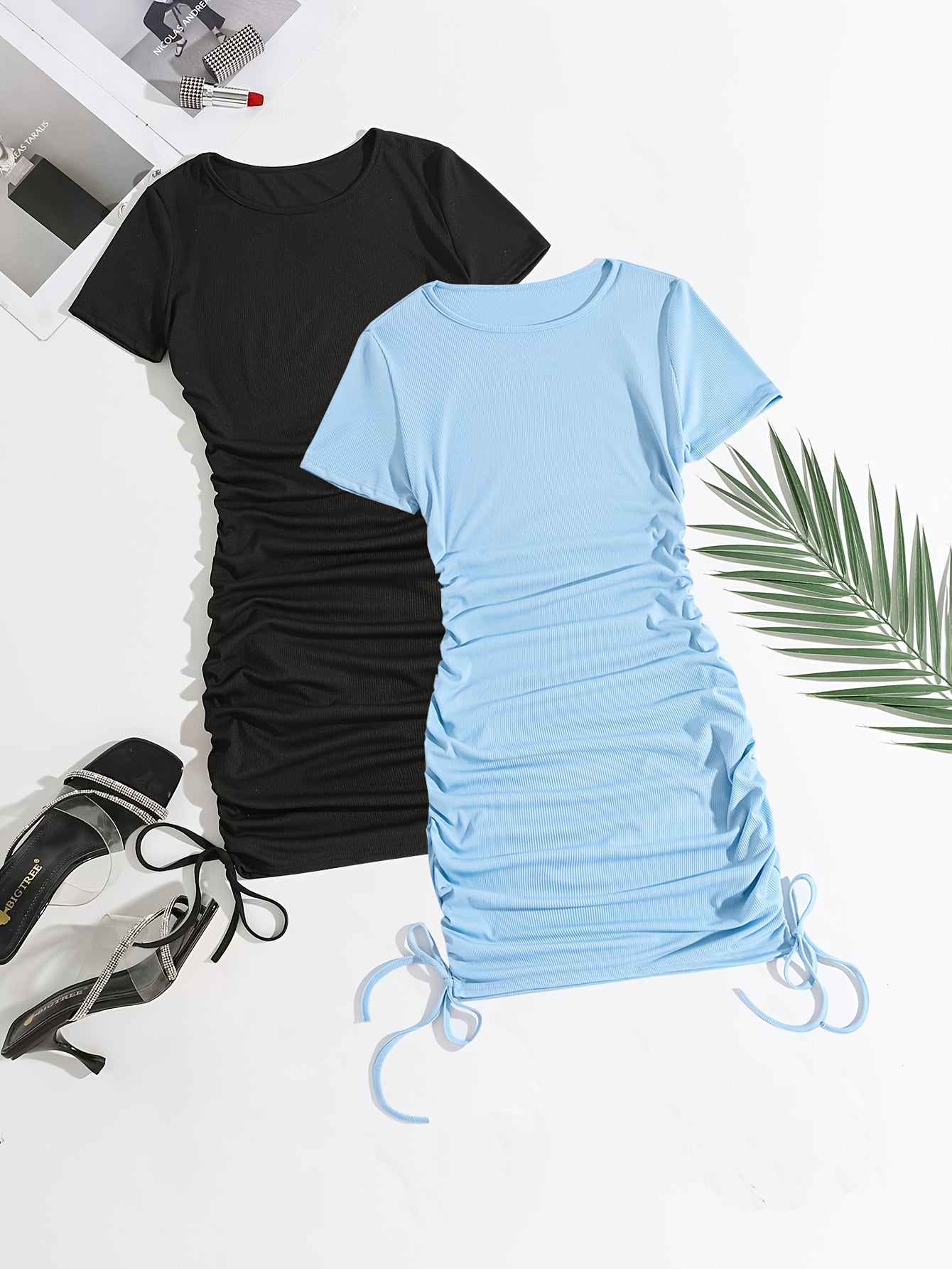 2pcs Women'S Summer Casual Dresses - Black and Light Blue Bodycon Tops with Drawstring Waist, Short Sleeve, Round Neck, Perfect for Adult Women, Casual Attire|Minimalist Style|Easy Fit Top, Ladies Dresses